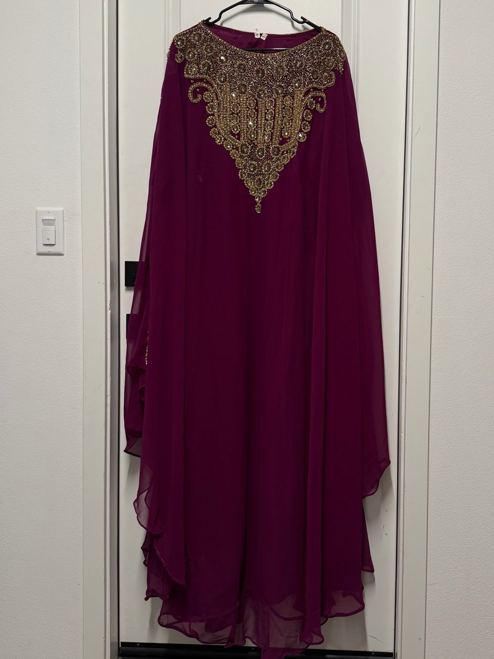 Kaftan Style Formal Dress in Deep Magenta with Gold Embellishment